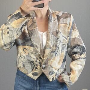 Rhonda Stark Vintage Boho Western Cropped Jacket Size L Neutral Patchwork Cotton